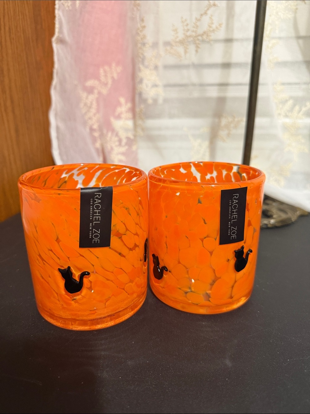 Rachel Zoe set of 2 Halloween orange confetti with black cat glasses